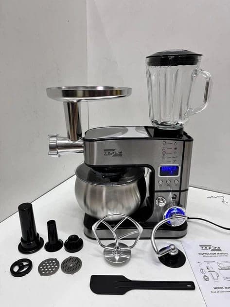 Професійний тістоміс Zepline ZP-135 – 5 л, 4200 Вт, мясорубка, блендер, подрібнювач нержавіюча сталь Срібний